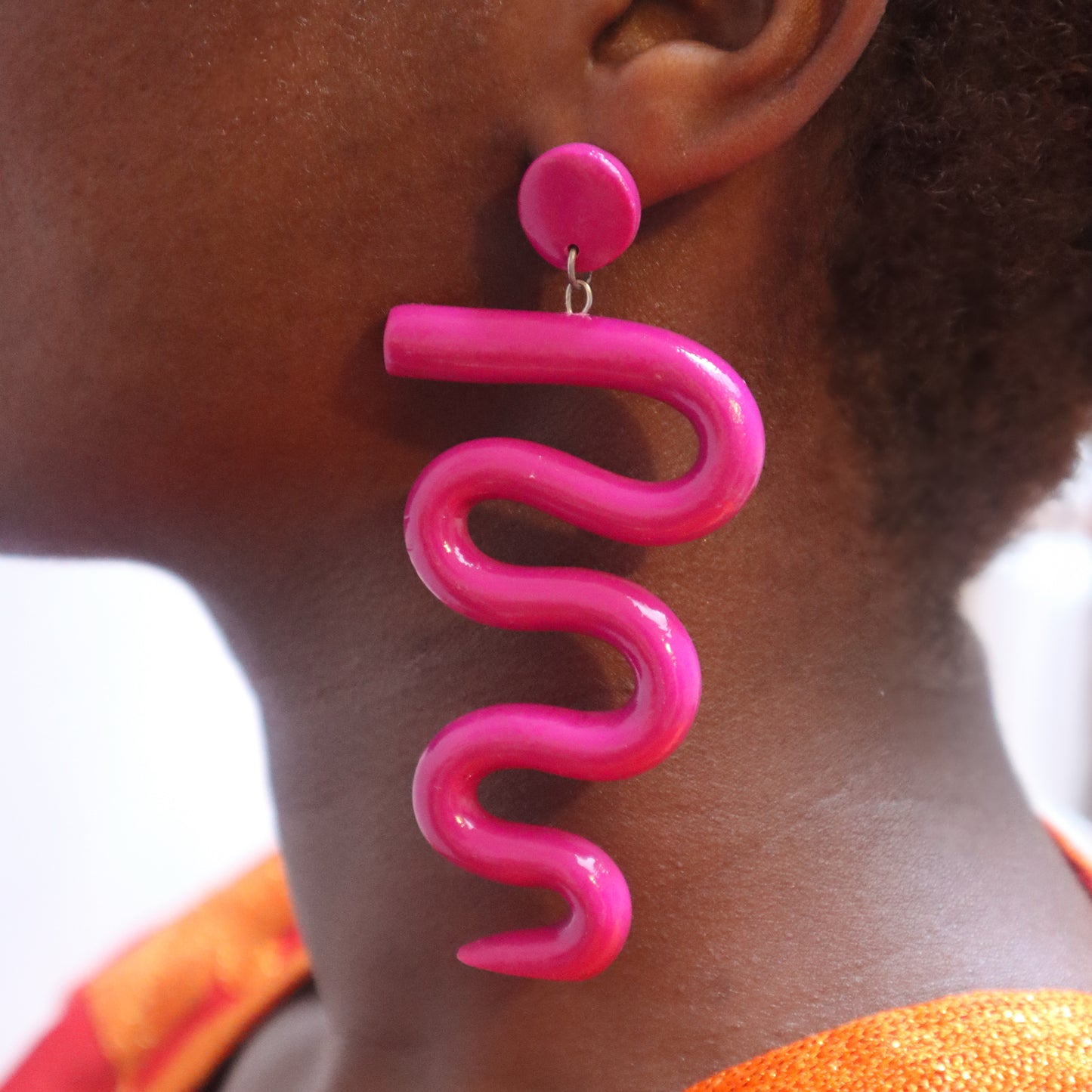 Hot-Pink Wave Hand-made Polymer-Clay Statement Earrings