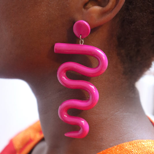 Hot-Pink Wave Hand-made Polymer-Clay Statement Earrings