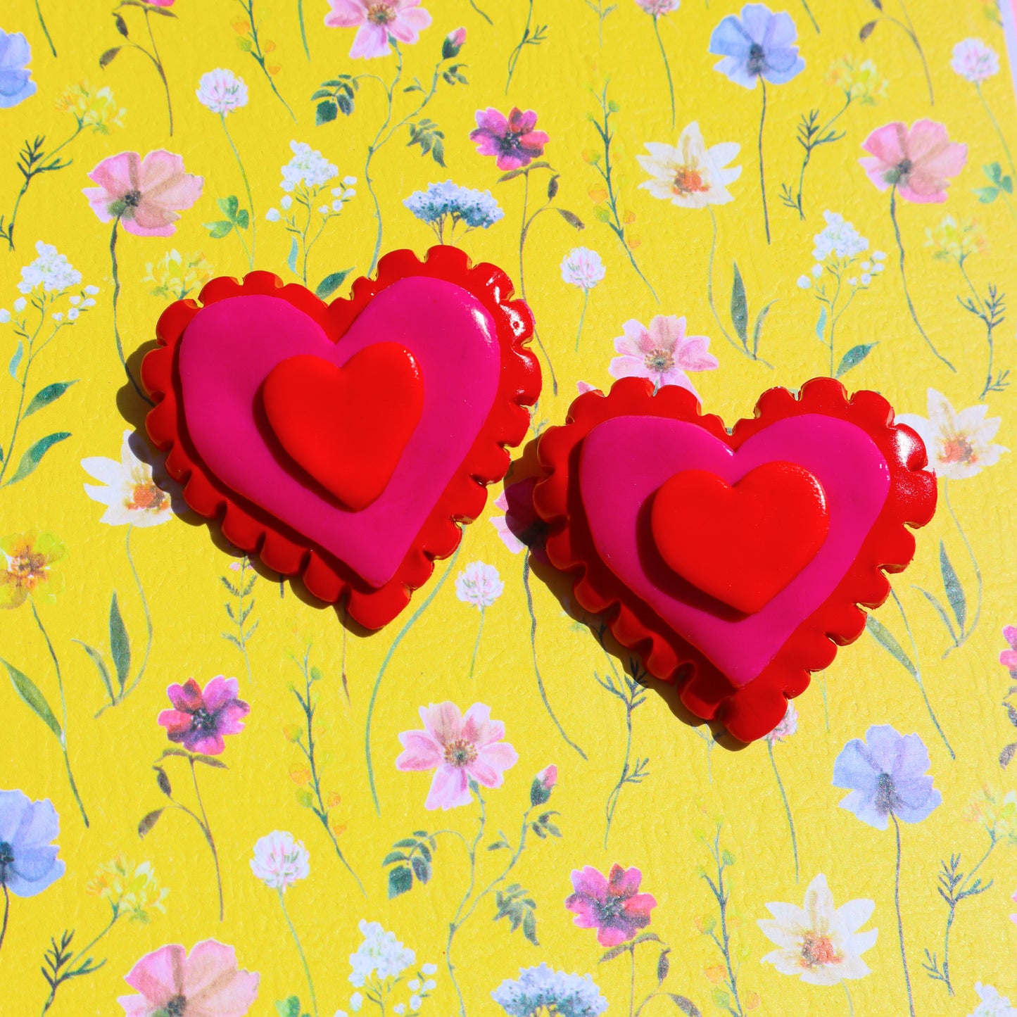 Handmade Cherry-Pop Layered Hearts Statement hypo-allergenic earrings