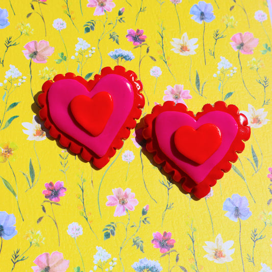 Handmade Cherry-Pop Layered Hearts Statement hypo-allergenic earrings